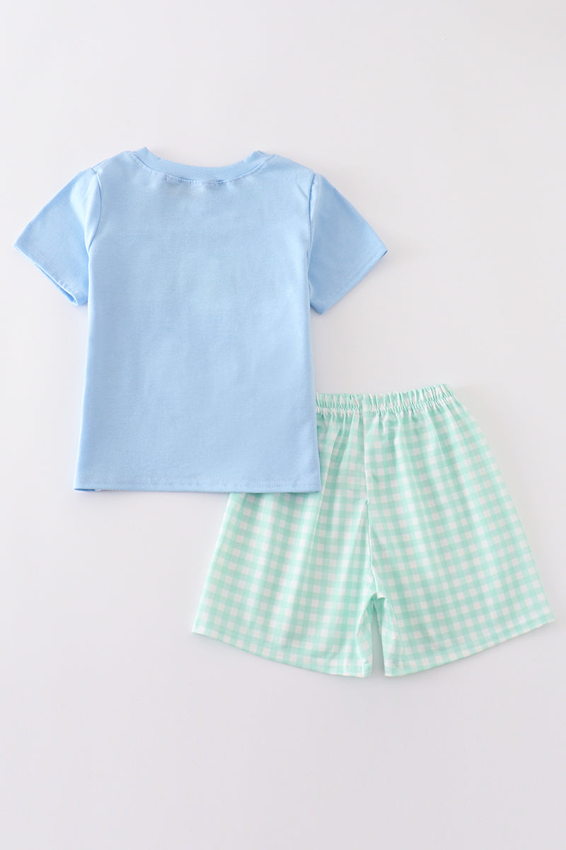Blue Tractor Embroidery Boy Shorts Set