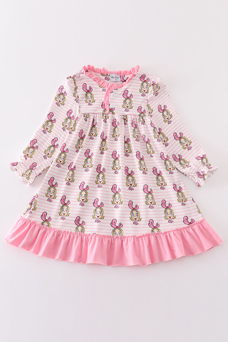 Girls Pink Stripe Cindy Lou Who Print Dress