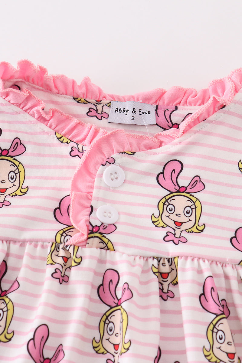 Girls Pink Stripe Cindy Lou Who Print Dress