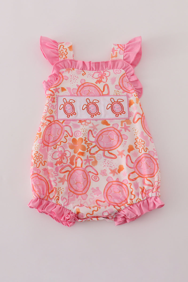 Baby Girls Pink Turtle Floral Ruffle Bubble