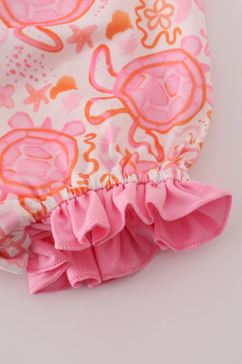 Baby Girls Pink Turtle Floral Ruffle Bubble