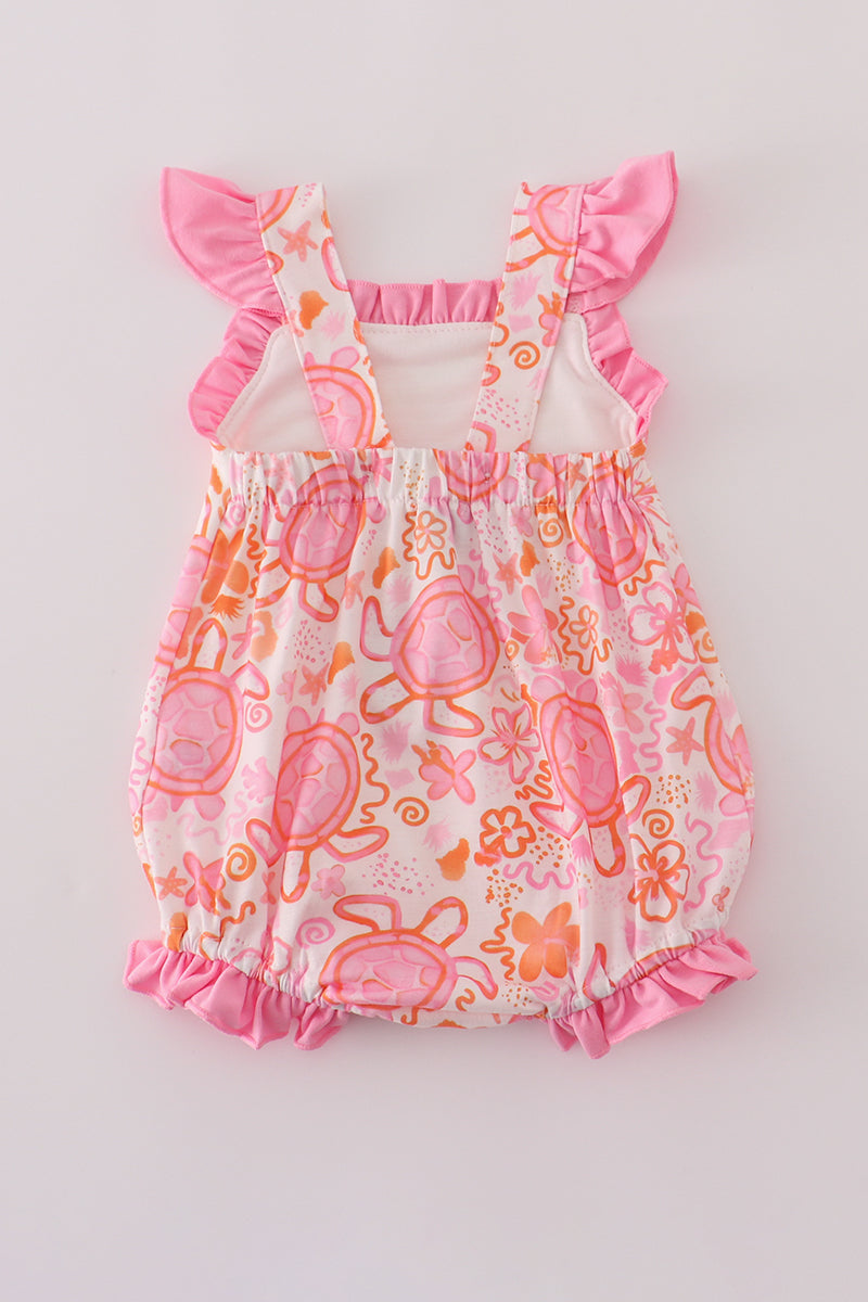 Baby Girls Pink Turtle Floral Ruffle Bubble