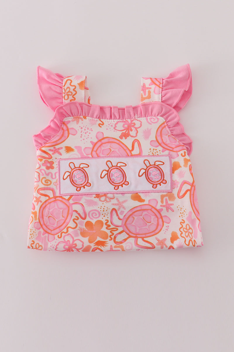 Baby Girls Pink Turtle Floral Ruffle Bubble