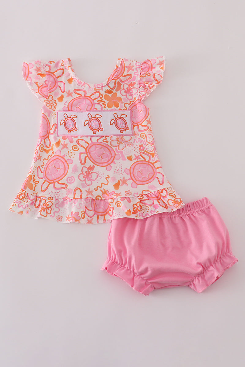 Girls Pink Turtle Floral Ruffle Bloomer Set