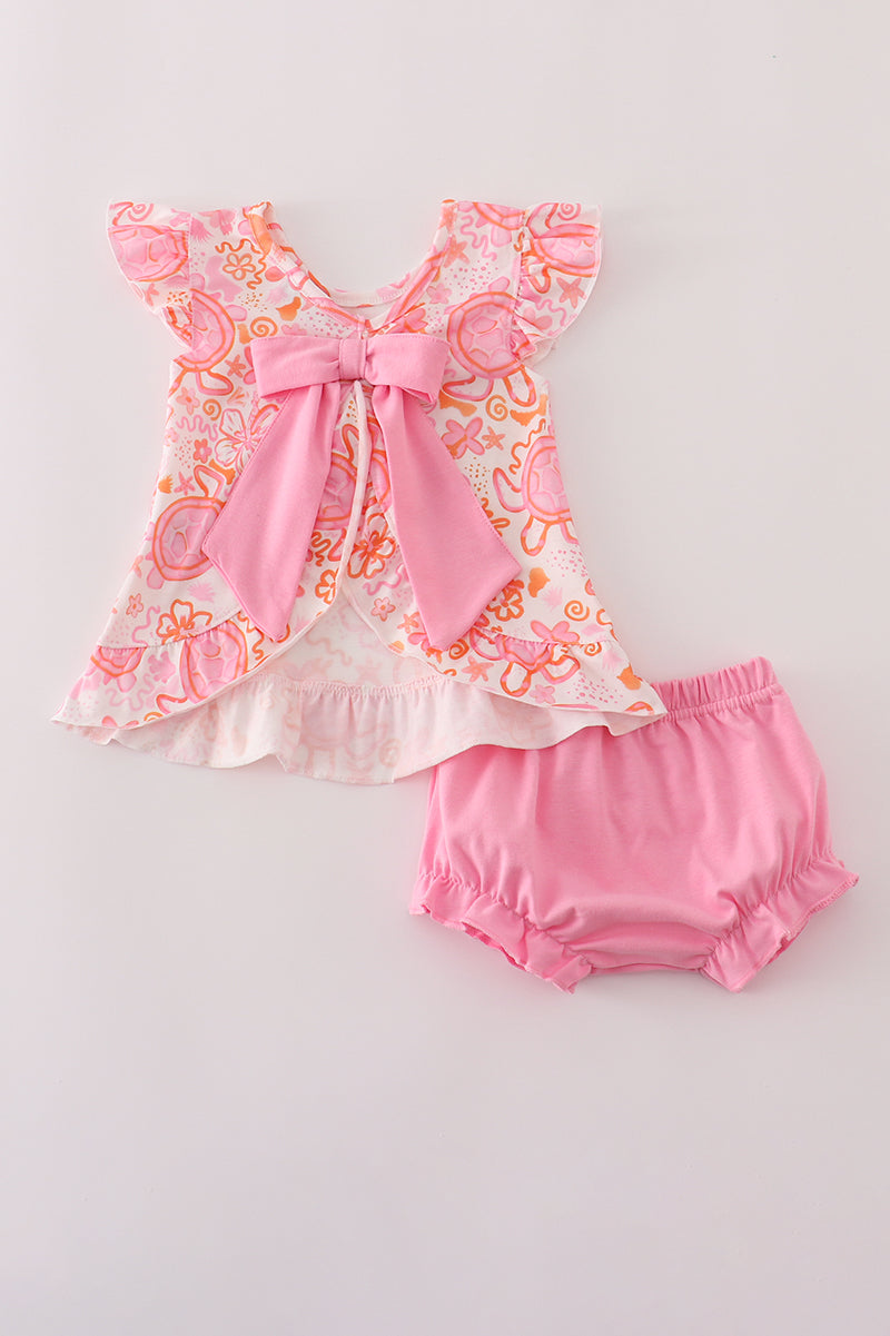 Girls Pink Turtle Floral Ruffle Bloomer Set