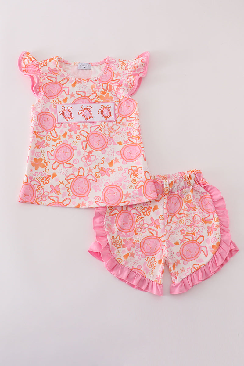 Pink Turtle Floral Ruffle Shorts Set