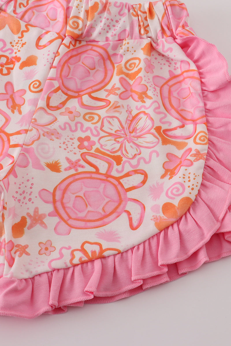 Pink Turtle Floral Ruffle Shorts Set