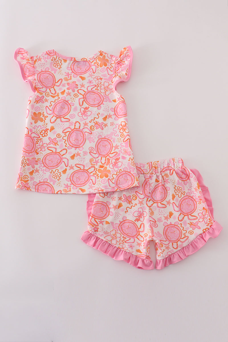 Pink Turtle Floral Ruffle Shorts Set