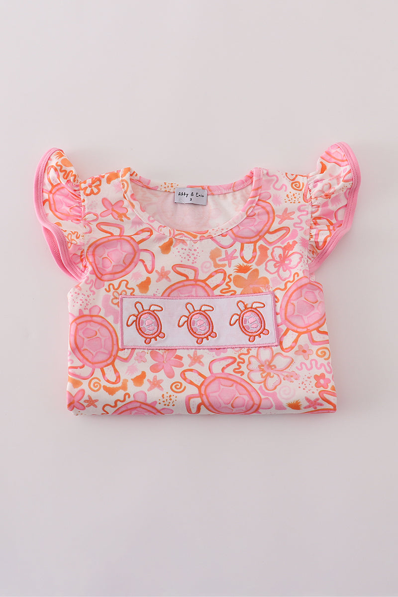 Pink Turtle Floral Ruffle Shorts Set
