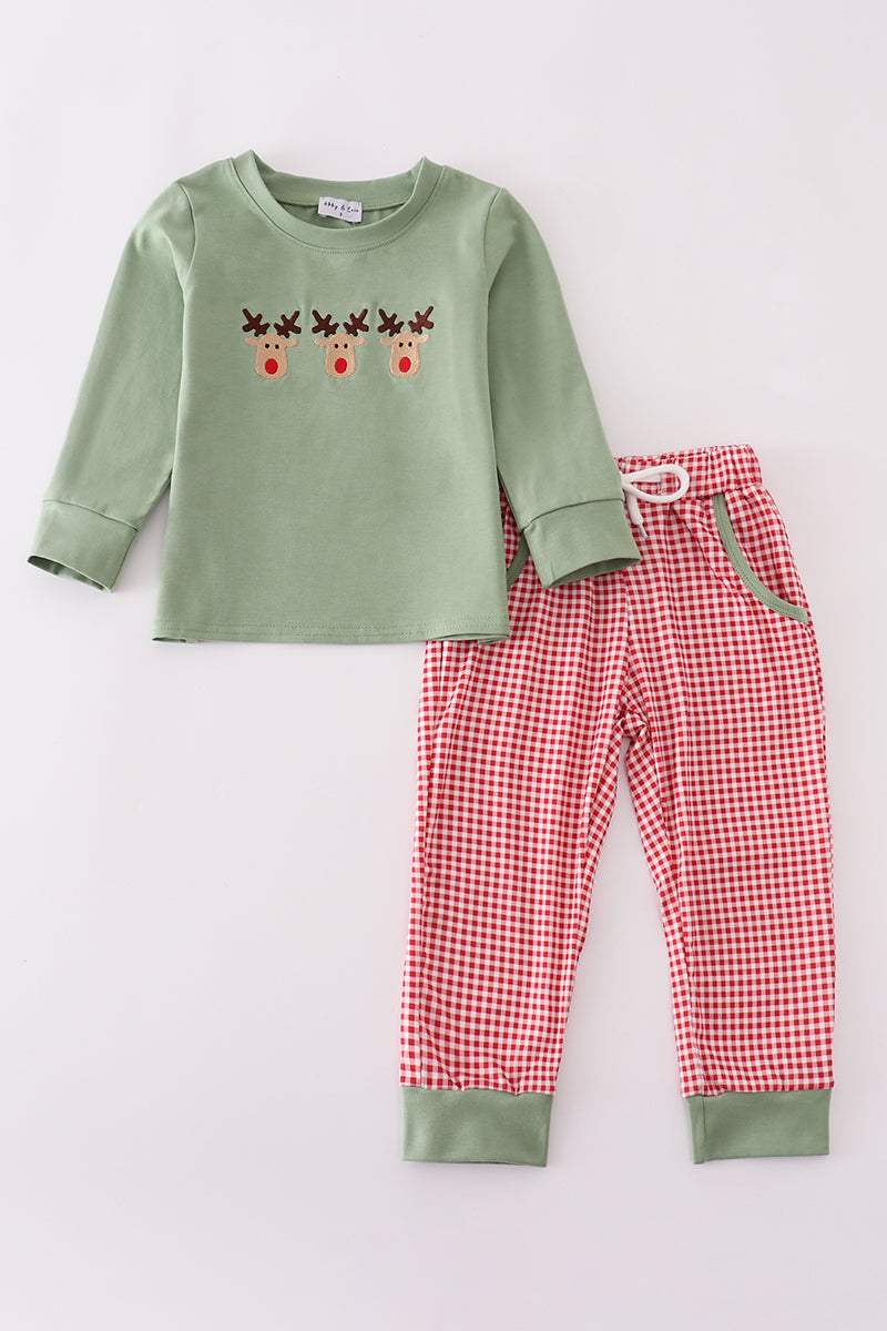 Boys Green Christmas Reindeer Embroidery Jogger Set