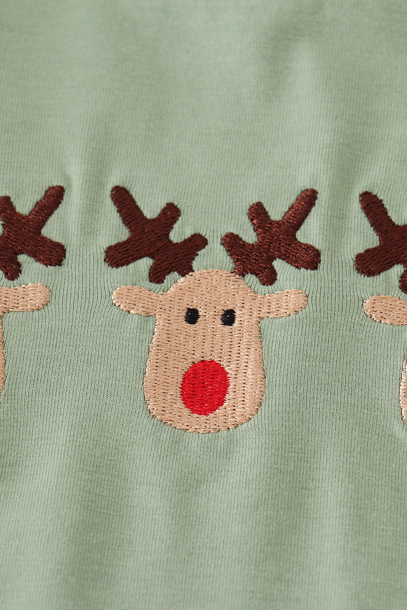 Boys Green Christmas Reindeer Embroidery Jogger Set