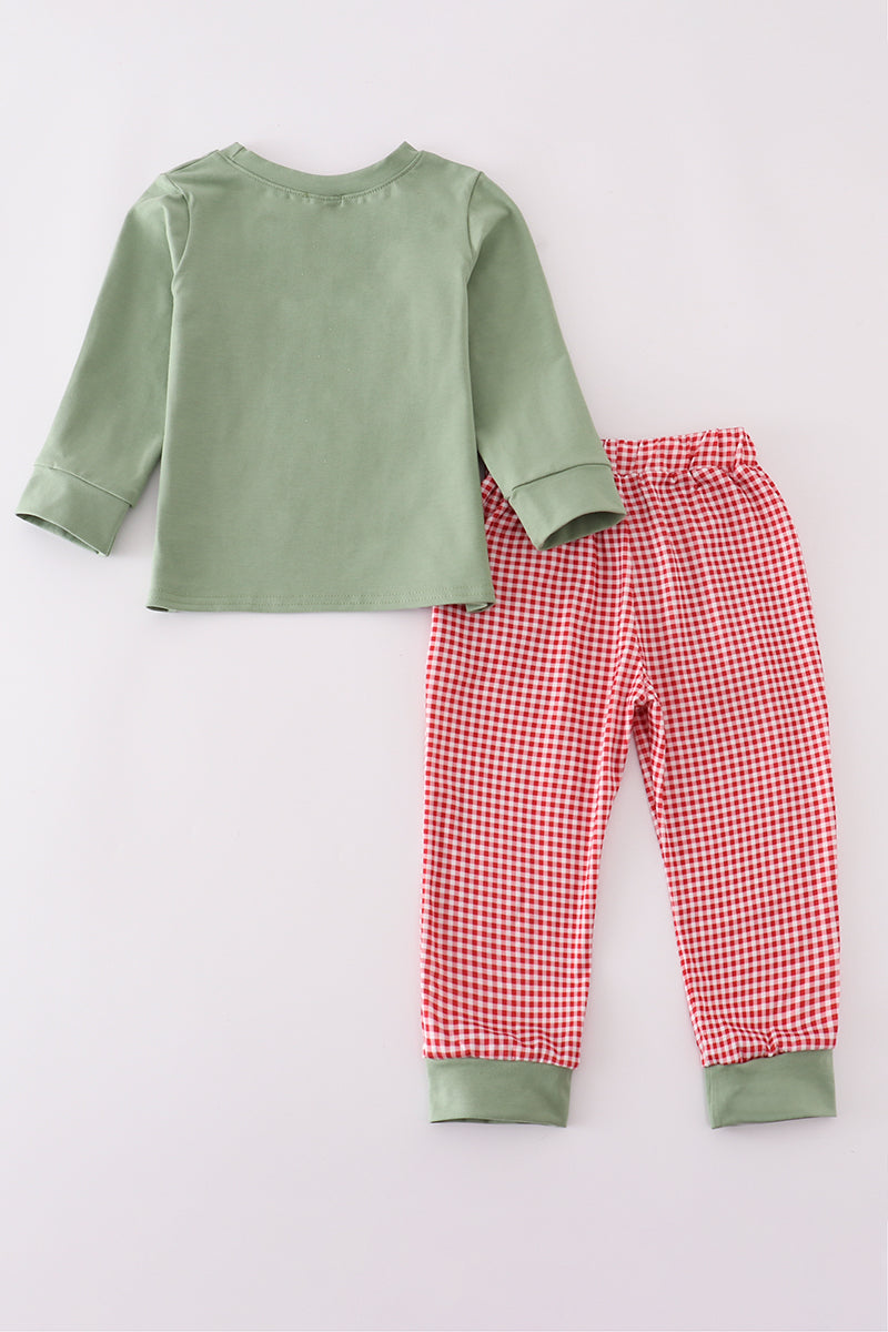 Boys Green Christmas Reindeer Embroidery Jogger Set