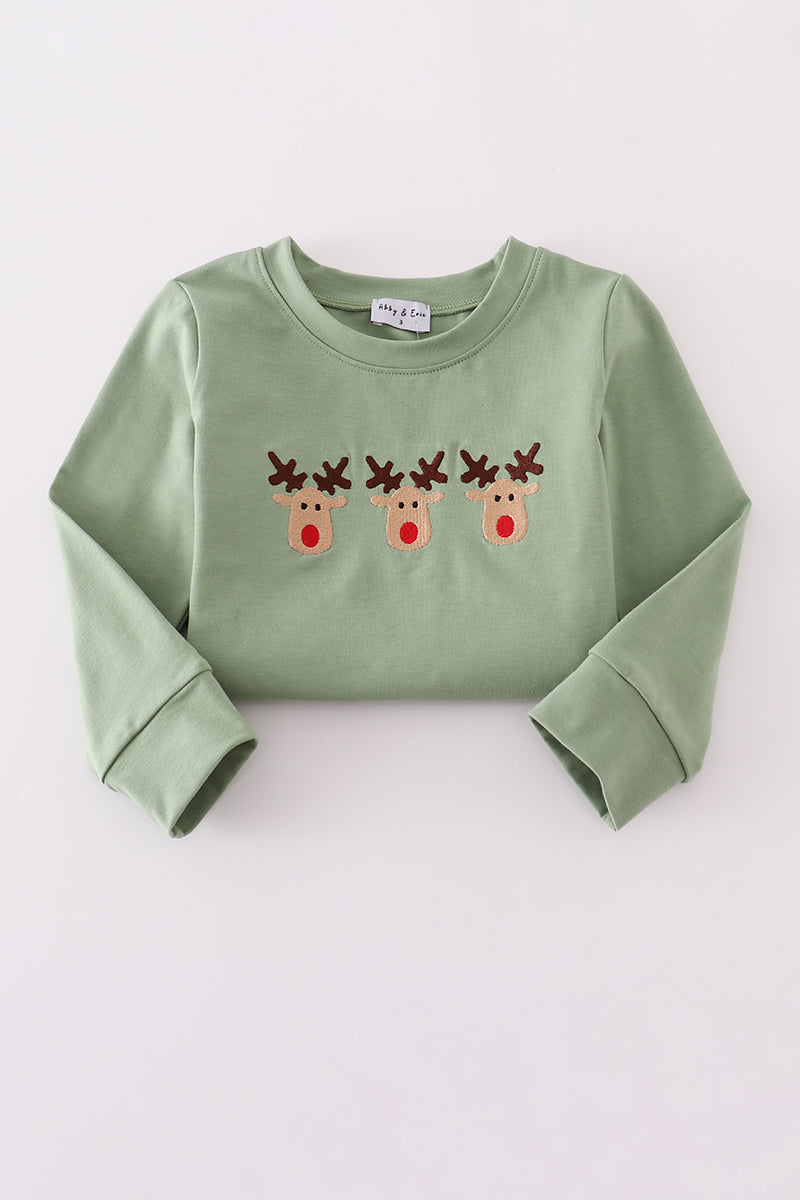 Boys Green Christmas Reindeer Embroidery Jogger Set