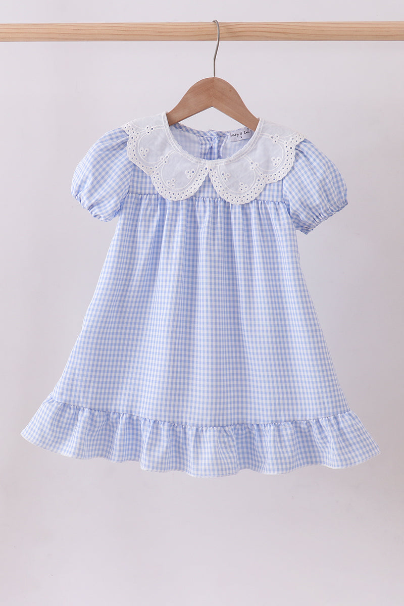 Girls Blue Gingham Lace Ruffle Dress