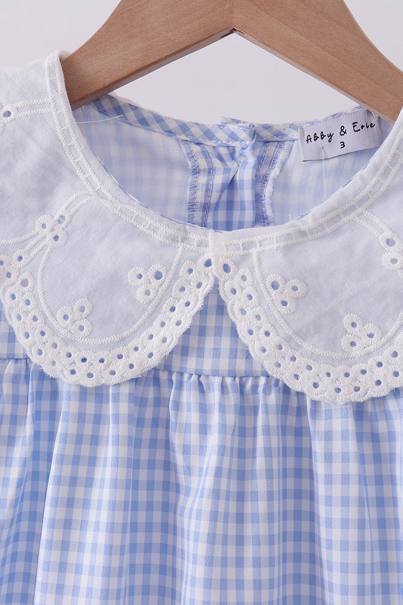 Girls Blue Gingham Lace Ruffle Dress