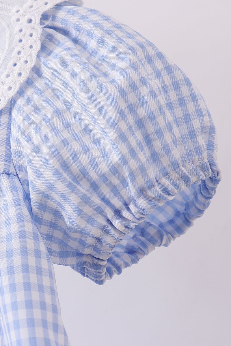 Girls Blue Gingham Lace Ruffle Dress