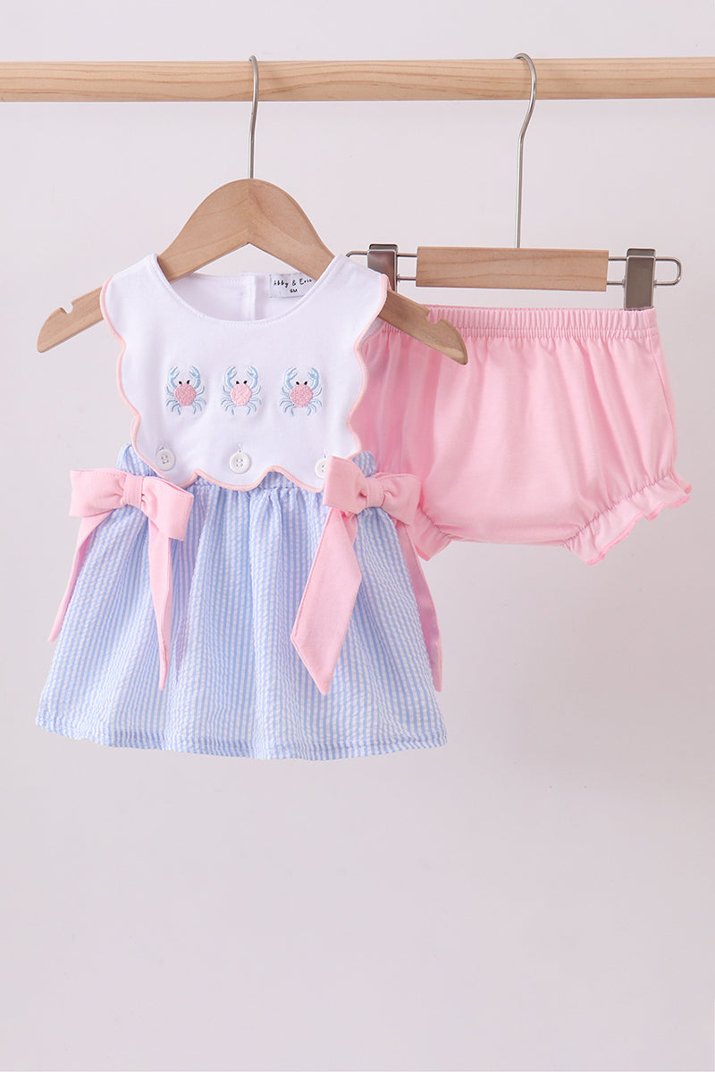 Baby & Toddler Girls Blue Crab Embroidered Seersucker Bloomer Set