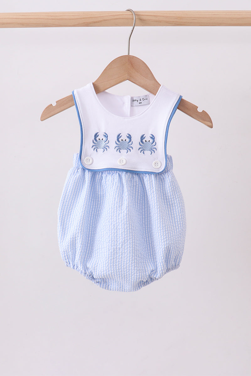 Baby Boys Blue Crab Embroidered Seersucker Bubble