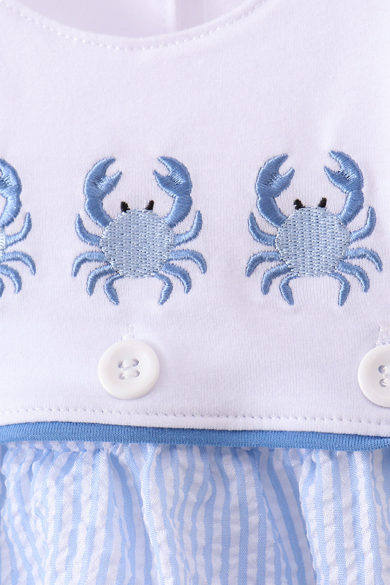 Baby Boys Blue Crab Embroidered Seersucker Bubble