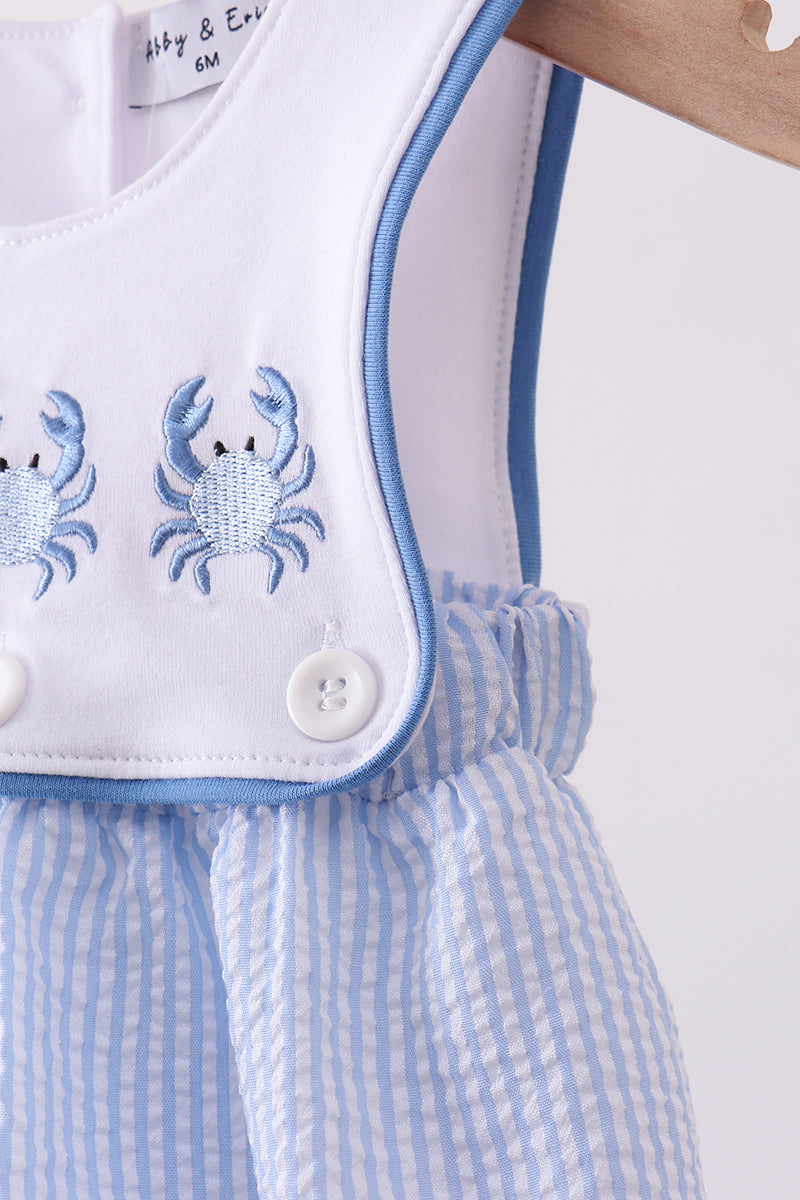 Baby Boys Blue Crab Embroidered Seersucker Bubble