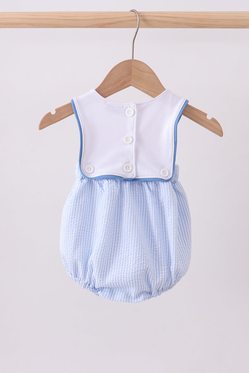 Baby Boys Blue Crab Embroidered Seersucker Bubble