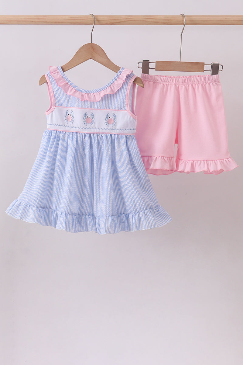 Baby & Girls Blue Crab Embroidered Seersucker Ruffle Shorts Set