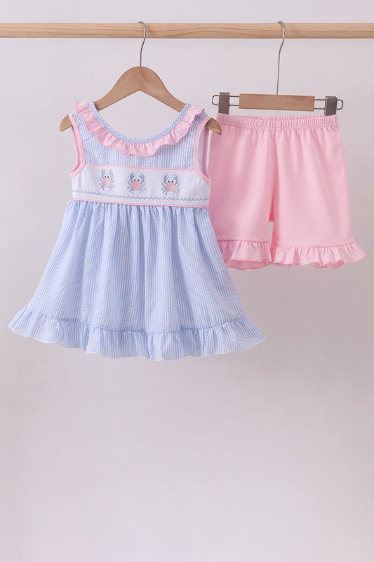 Baby & Girls Blue Crab Embroidered Seersucker Ruffle Shorts Set