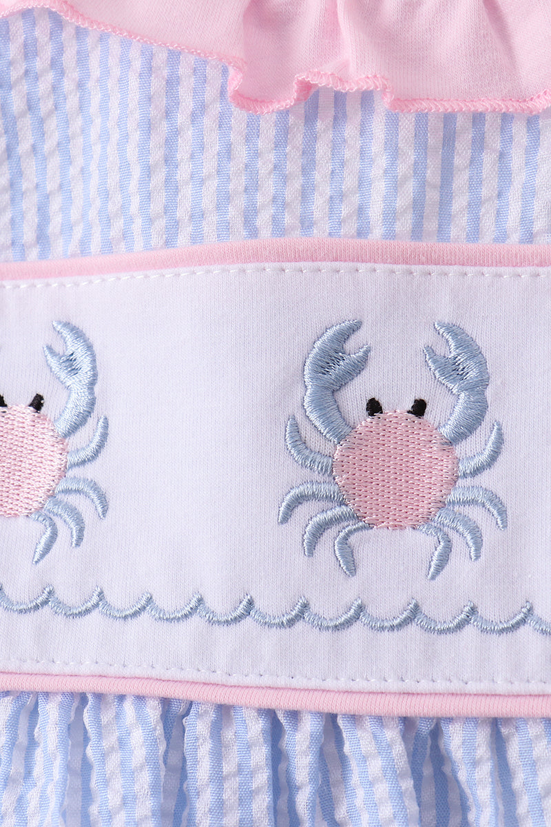 Baby & Girls Blue Crab Embroidered Seersucker Ruffle Shorts Set
