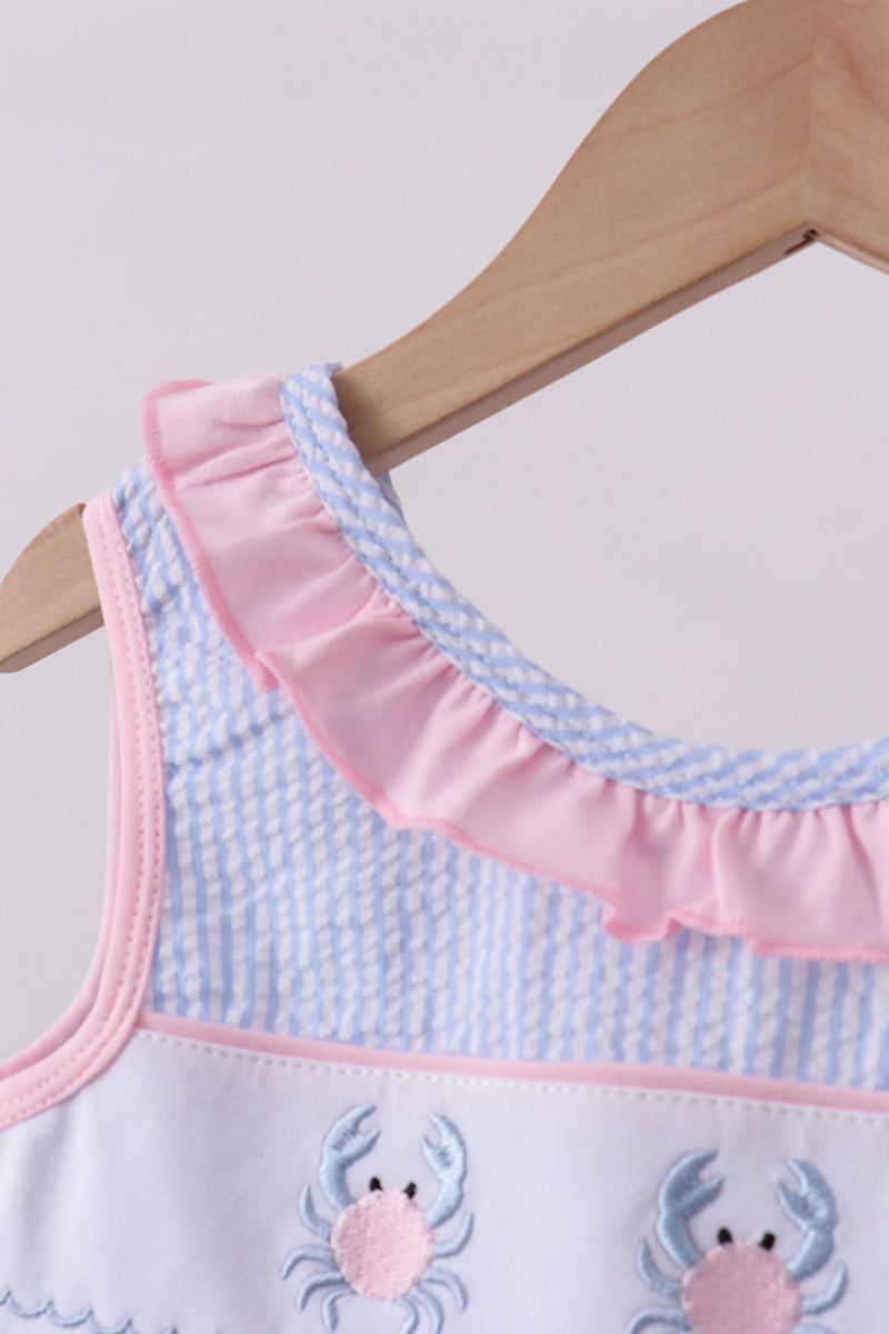 Baby & Girls Blue Crab Embroidered Seersucker Ruffle Shorts Set