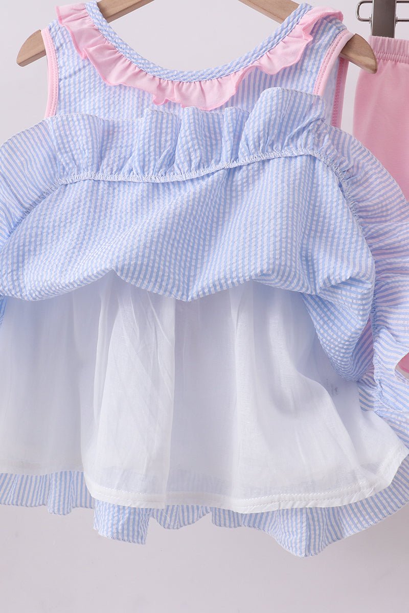 Baby & Girls Blue Crab Embroidered Seersucker Ruffle Shorts Set