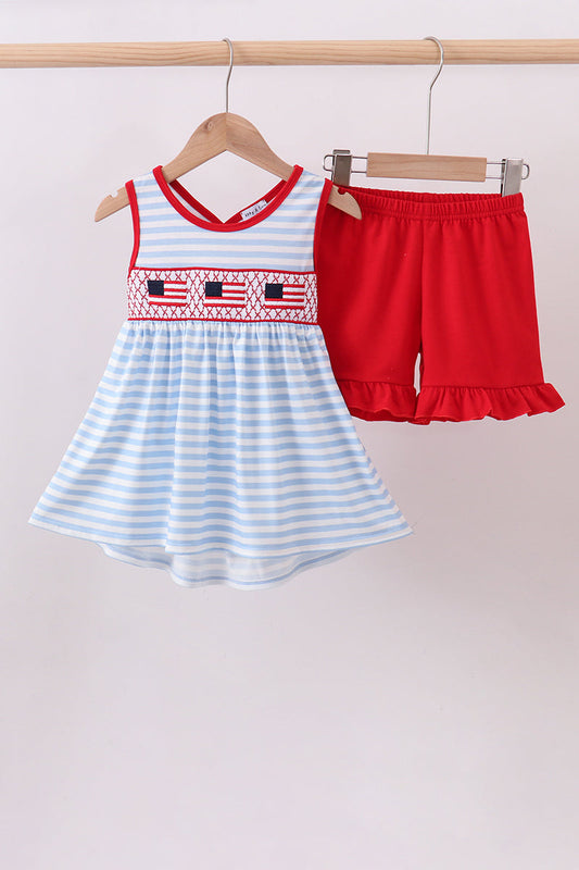 Girls Red flag smocked stripe ruffle shorts set