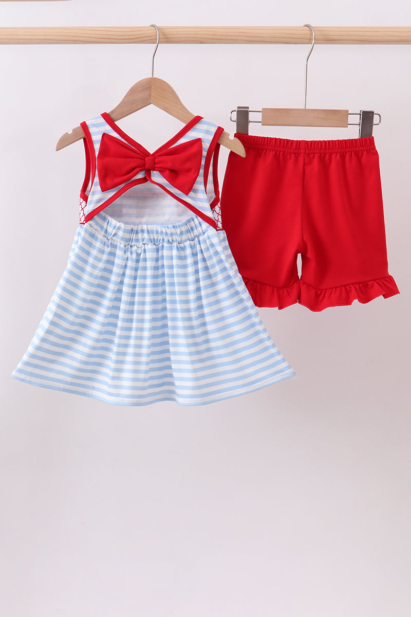 Girls Red flag smocked stripe ruffle shorts set