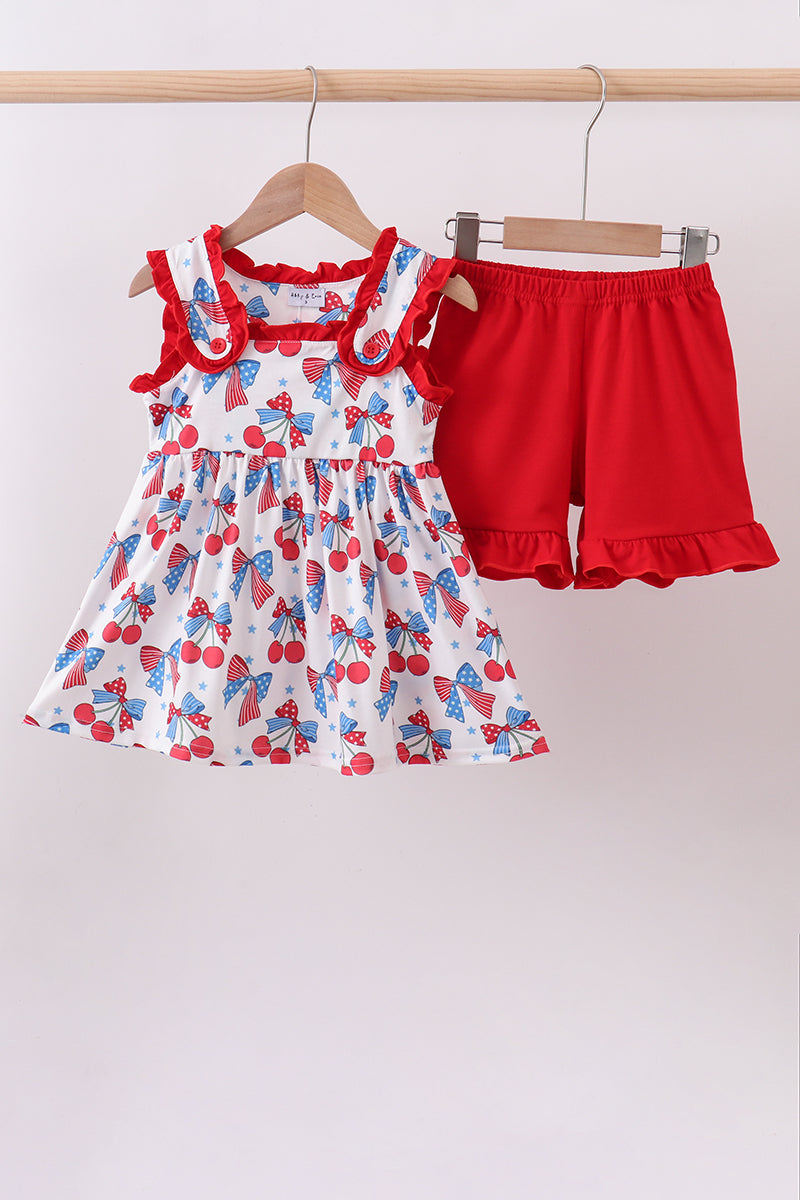 Red Cherry Bow Ruffle Shorts Set