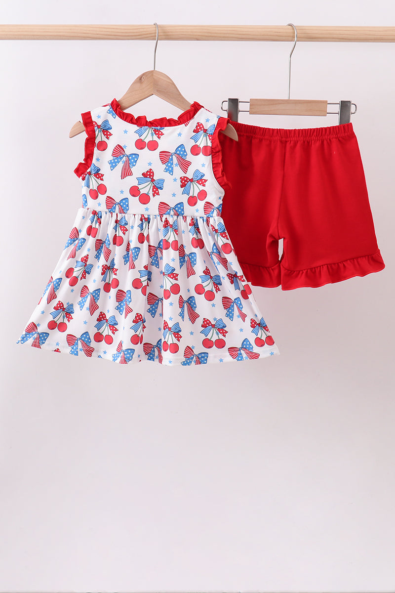 Red Cherry Bow Ruffle Shorts Set