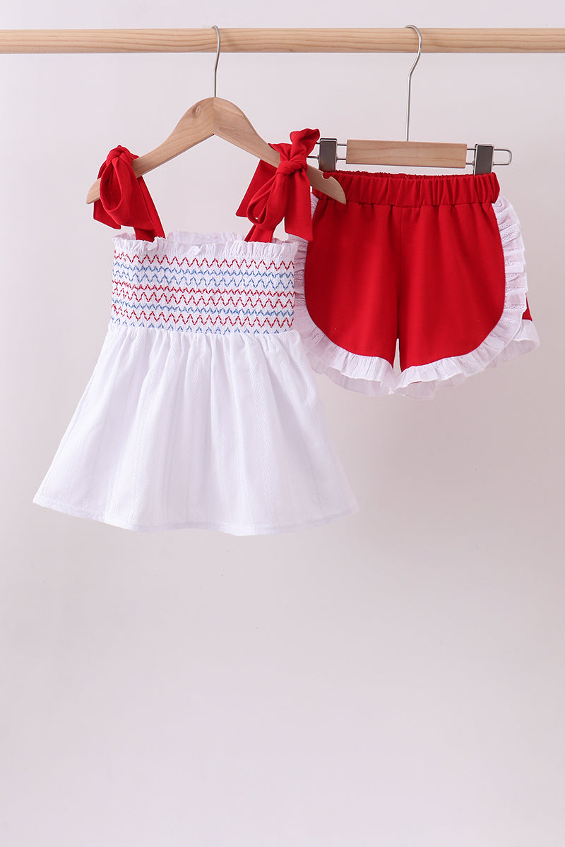 Baby & Girls Patriotic White Smocked Jacquard Ruffle Shorts Set