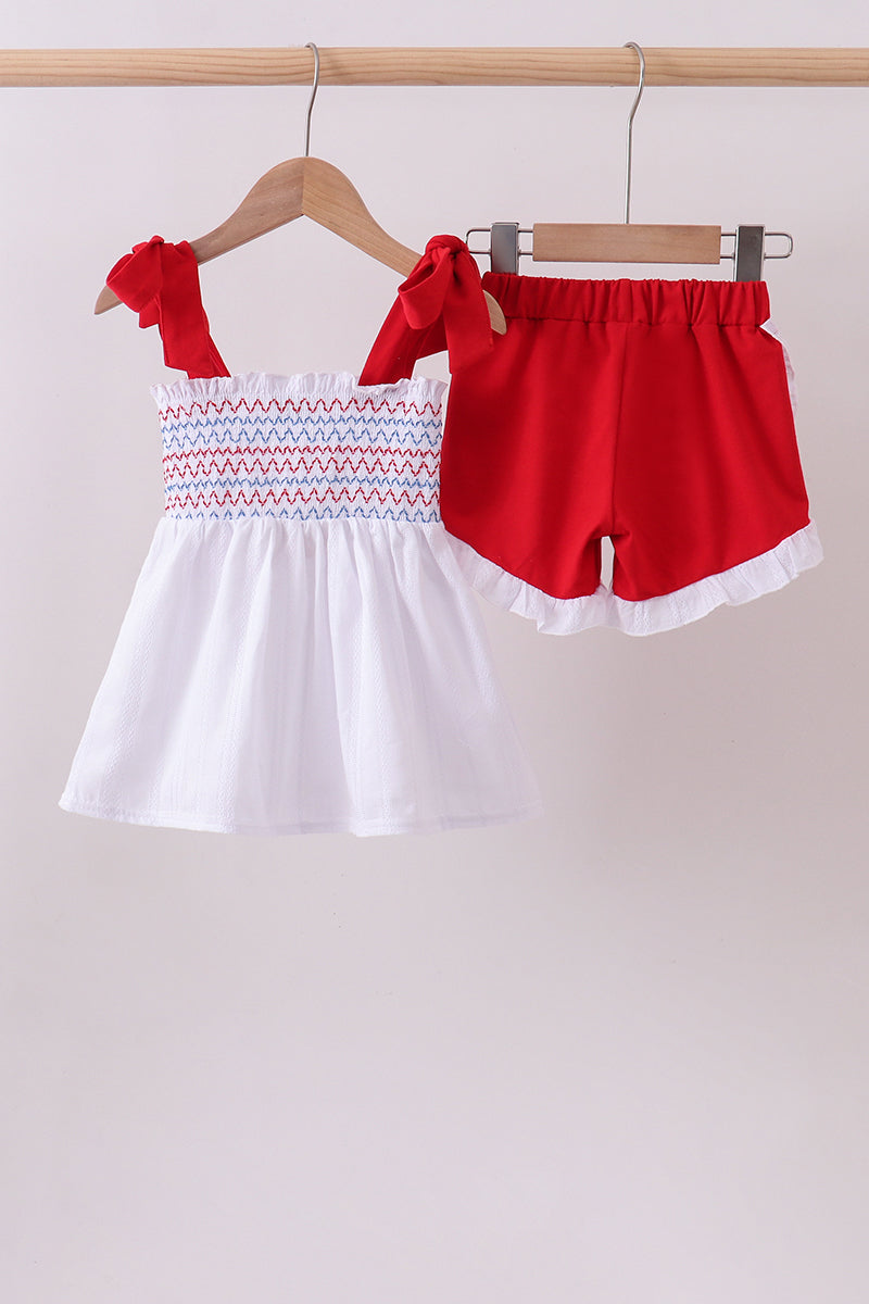 Baby & Girls Patriotic White Smocked Jacquard Ruffle Shorts Set