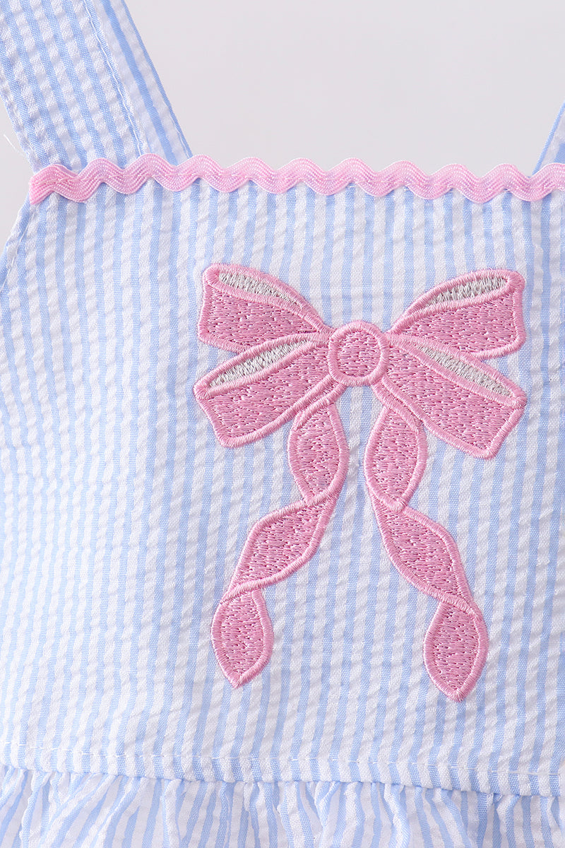 Blue Bow Embroidery Seersucker Ruffle 2PC Swimsuit