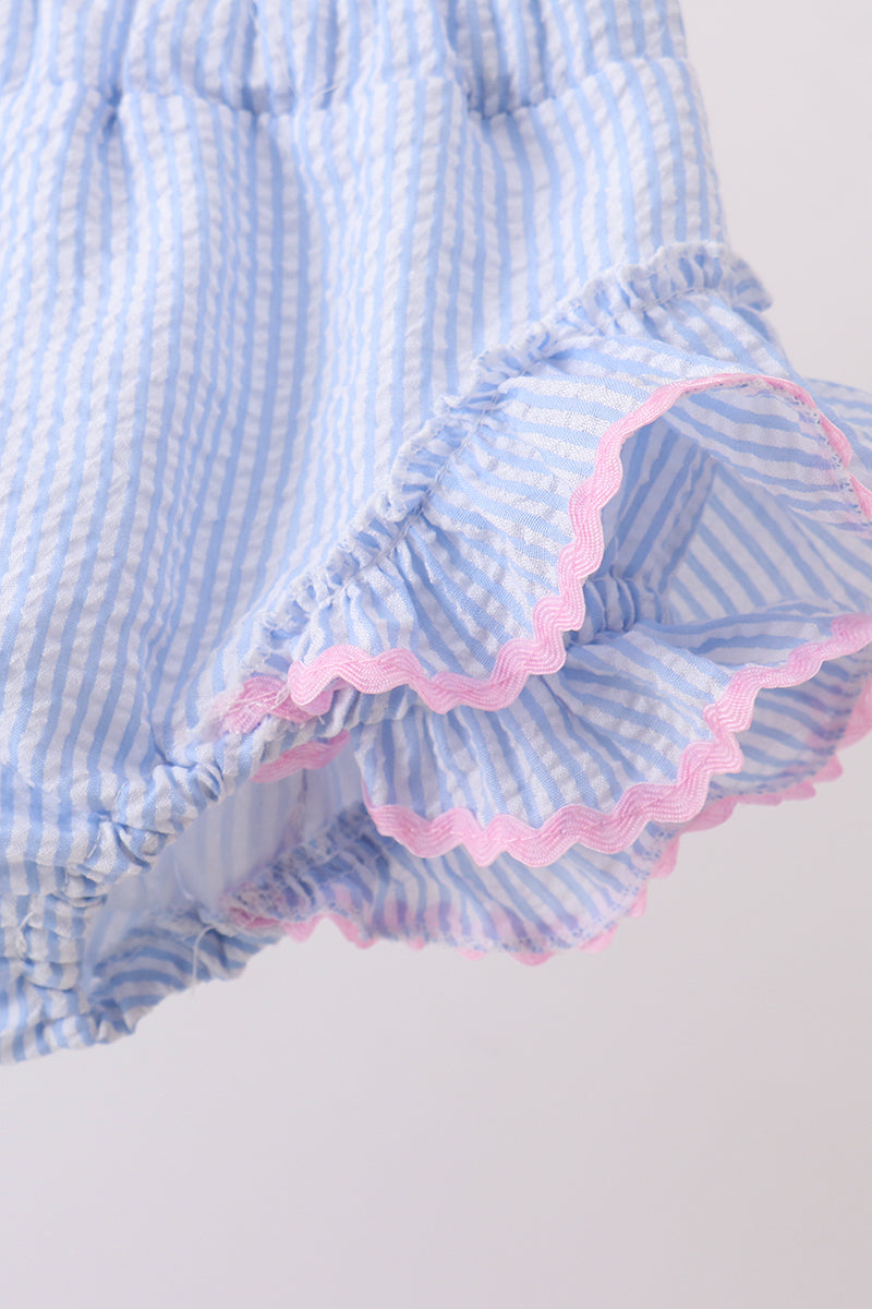 Blue Bow Embroidery Seersucker Ruffle 2PC Swimsuit