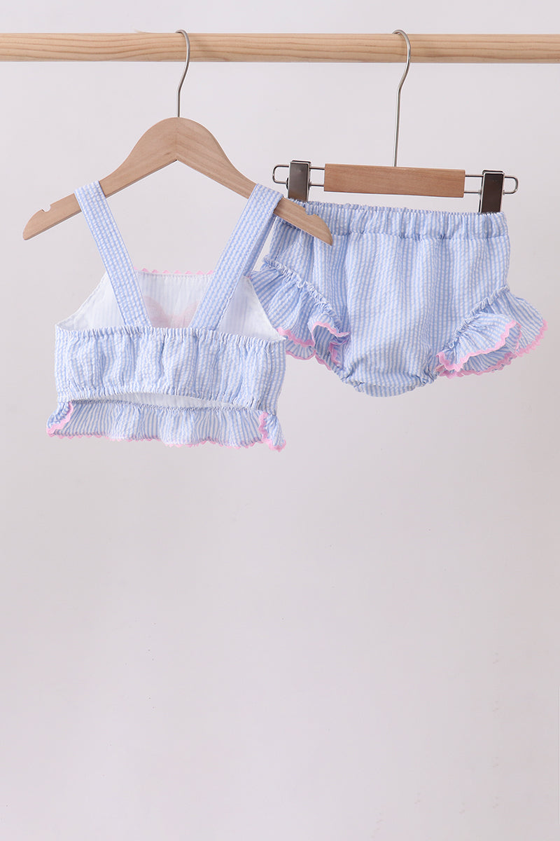 Blue Bow Embroidery Seersucker Ruffle 2PC Swimsuit