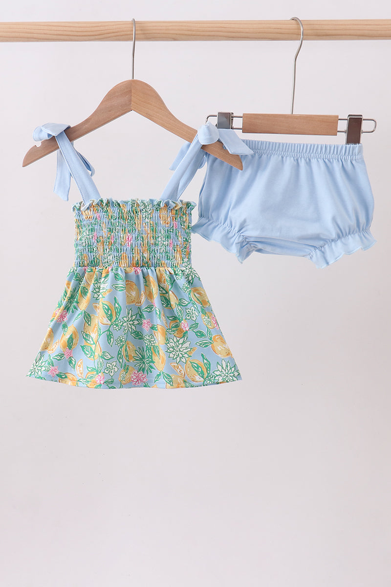 Green Lemon Smocked Bow Bloomer Set