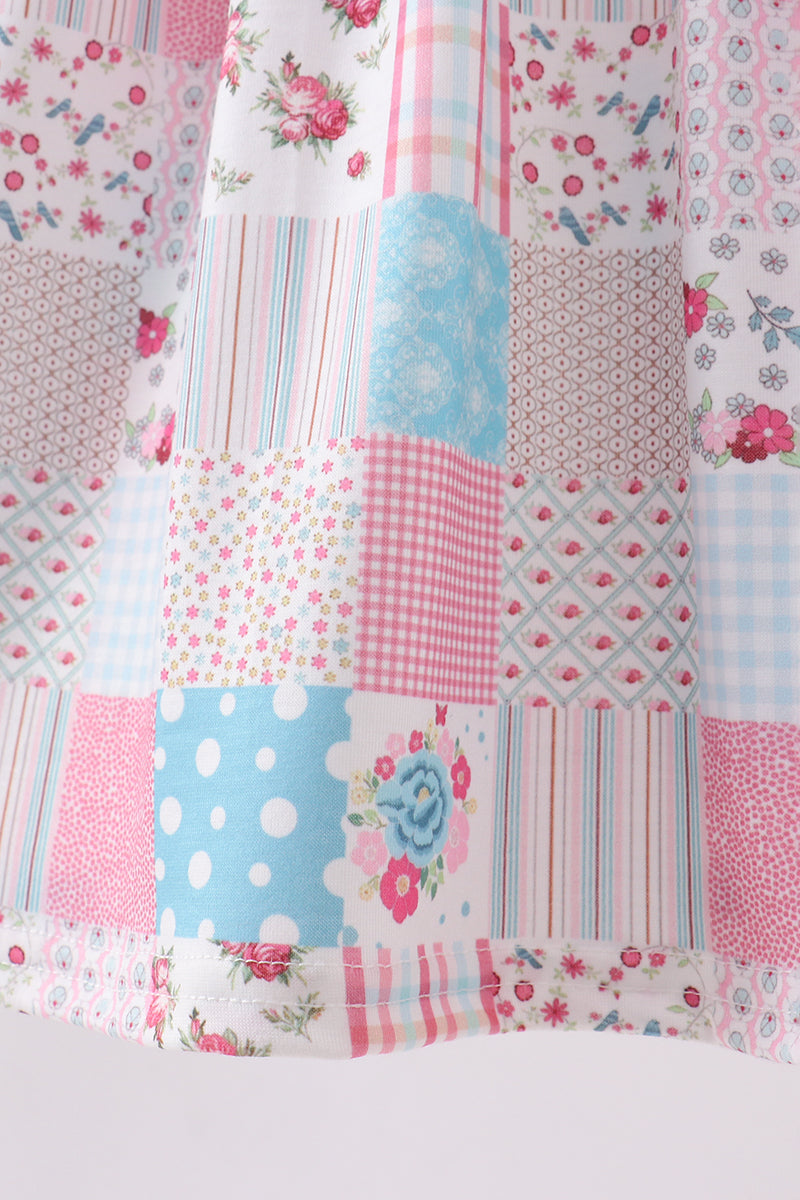 Pink Patchwork Floral Ruffle Dress