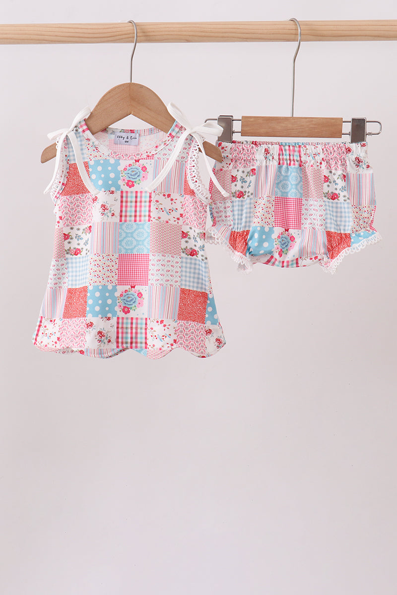 Pink Floral Patchwork Scalloped Bloomer Set