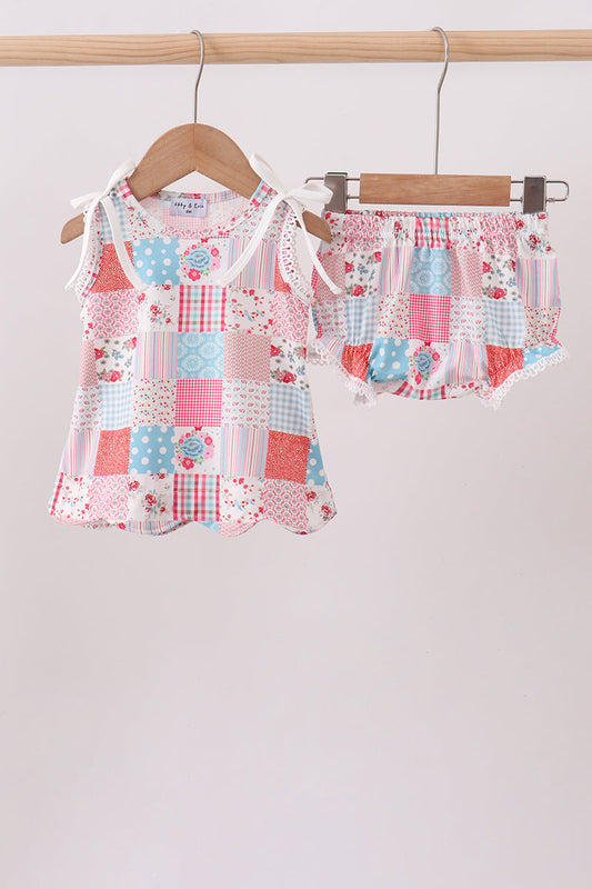 Pink Floral Patchwork Scalloped Bloomer Set