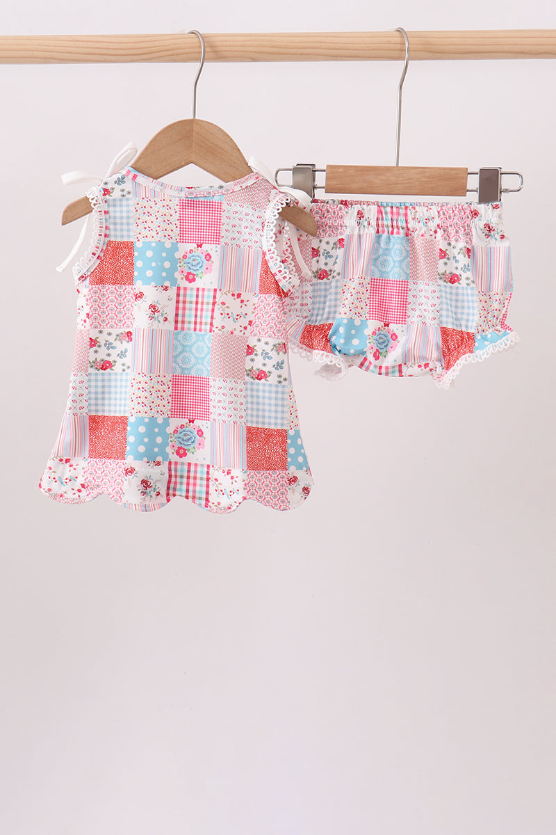 Pink Floral Patchwork Scalloped Bloomer Set