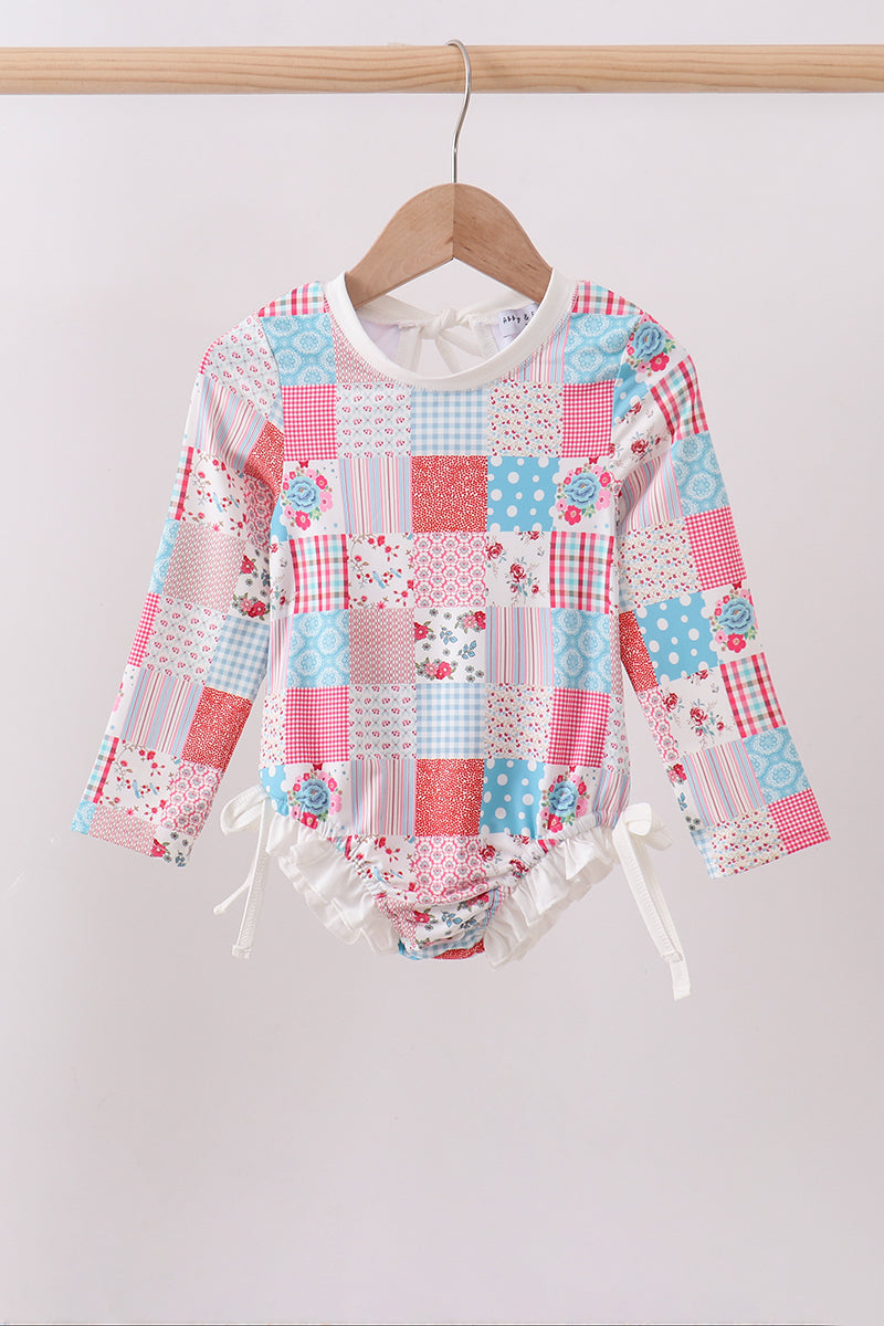 Pink Floral Patchwork Ruffle Rashguard