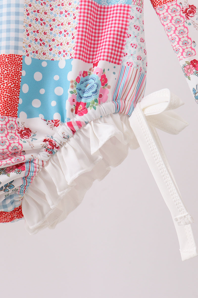 Pink Floral Patchwork Ruffle Rashguard