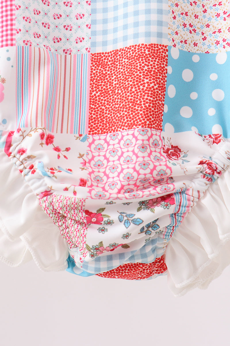 Pink Floral Patchwork Ruffle Rashguard