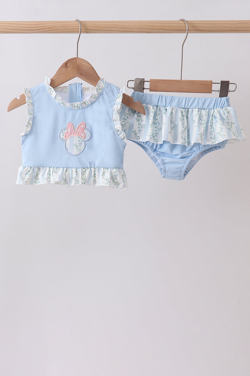 Blue Girls Mouse Character Applique Ruffle 2PC Swimsuit