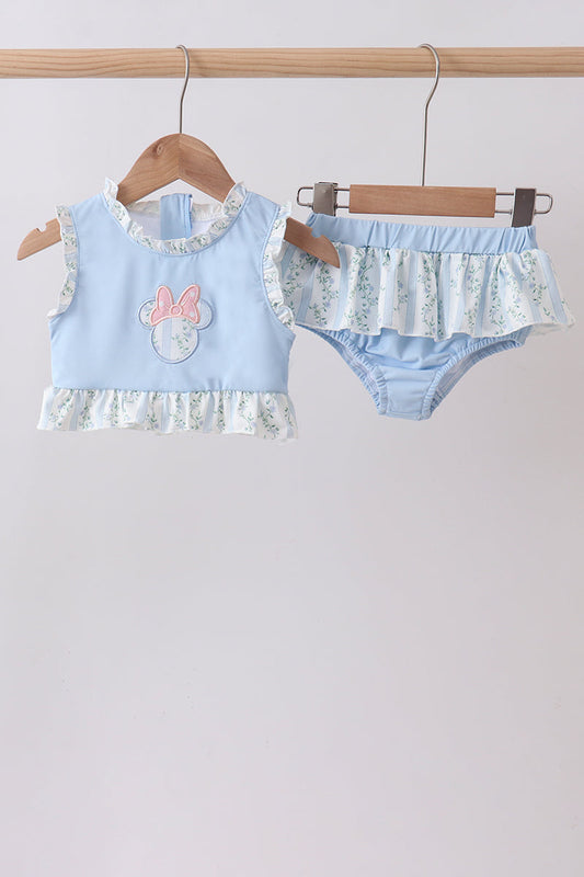 Blue Girls Mouse Character Applique Ruffle 2PC Swimsuit