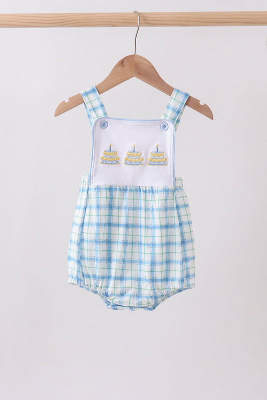 Blue Birthday Cake Smocked Plaid Bubble